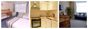 Self catering apartment bedrooms, kitchen and lounge areas